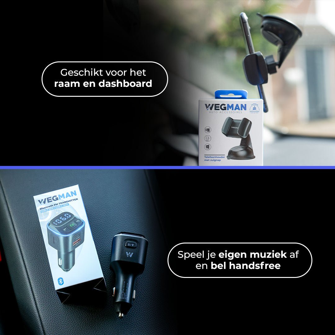 Overzicht van de bundelinhoud – telefoonhouder en FM transmitter naast elkaar op witte achtergrond