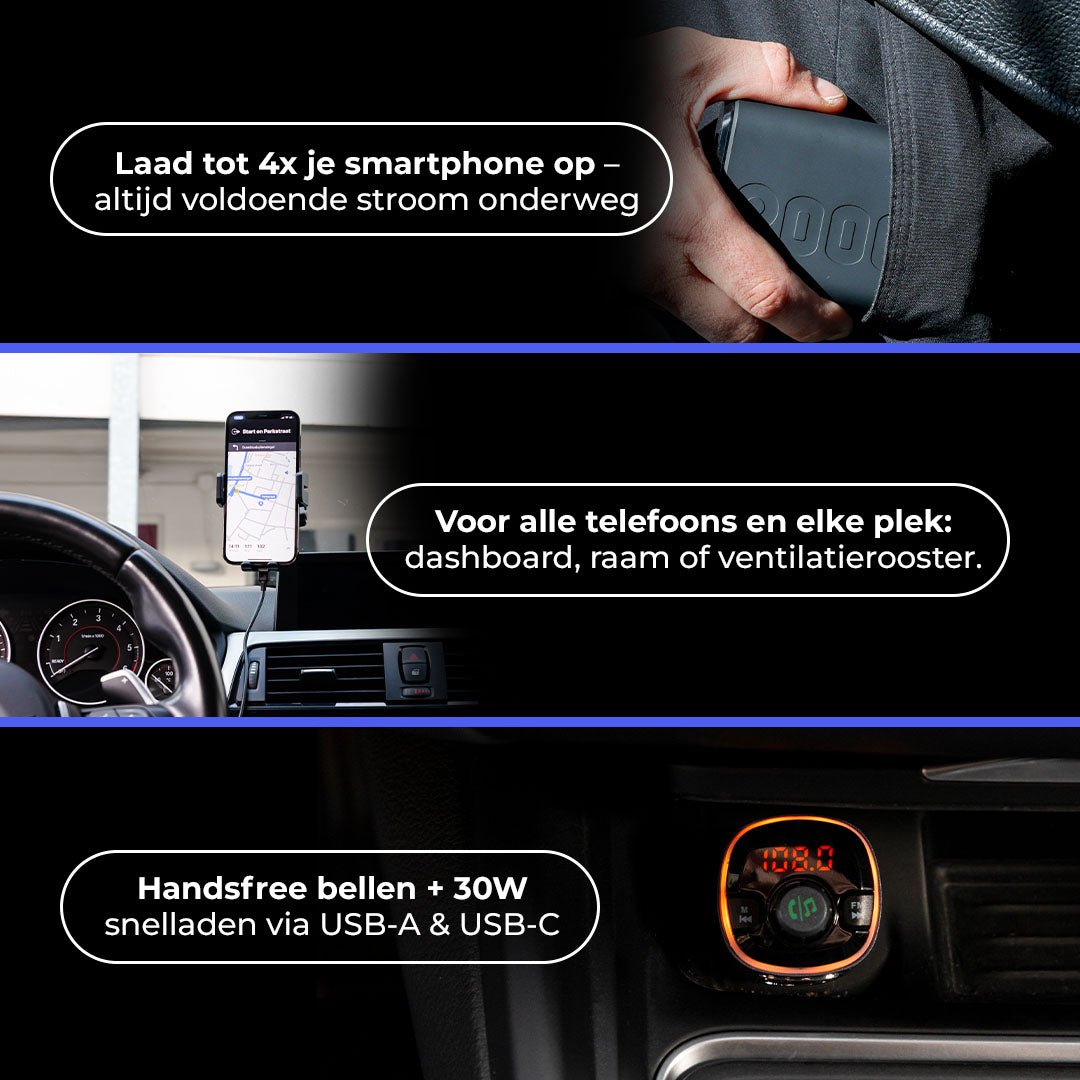 Wegman Roadtrip Essentials Pakket - Telefoonhouder met Draadloze Oplader + Bluetooth FM Transmitter + Powerbank 20.000 mAh