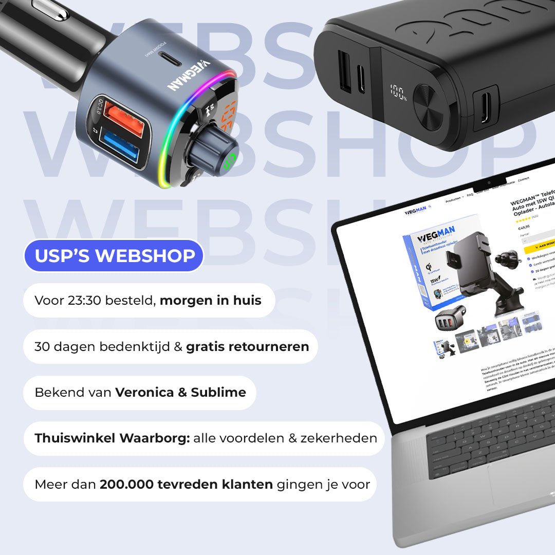 Wegman Roadtrip Essentials Pakket - Telefoonhouder met Draadloze Oplader + Bluetooth FM Transmitter + Powerbank 20.000 mAh