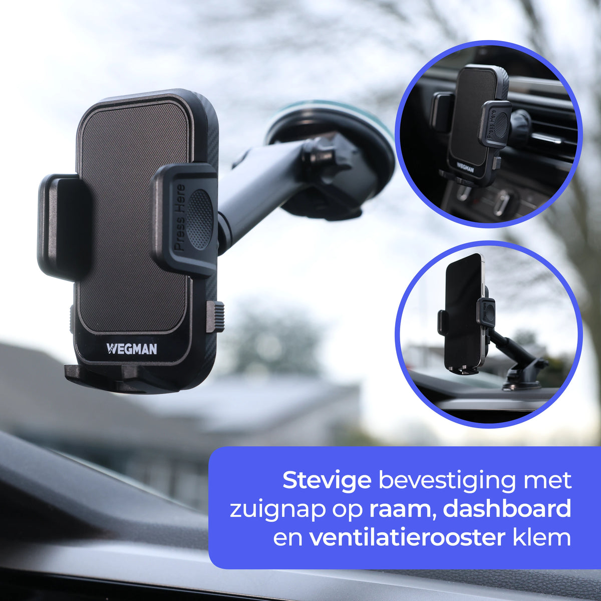 Stevige zuignap en ventilatie bevestiging Wegman telefoonhouder op autoruit, dashboard en ventilatierooster