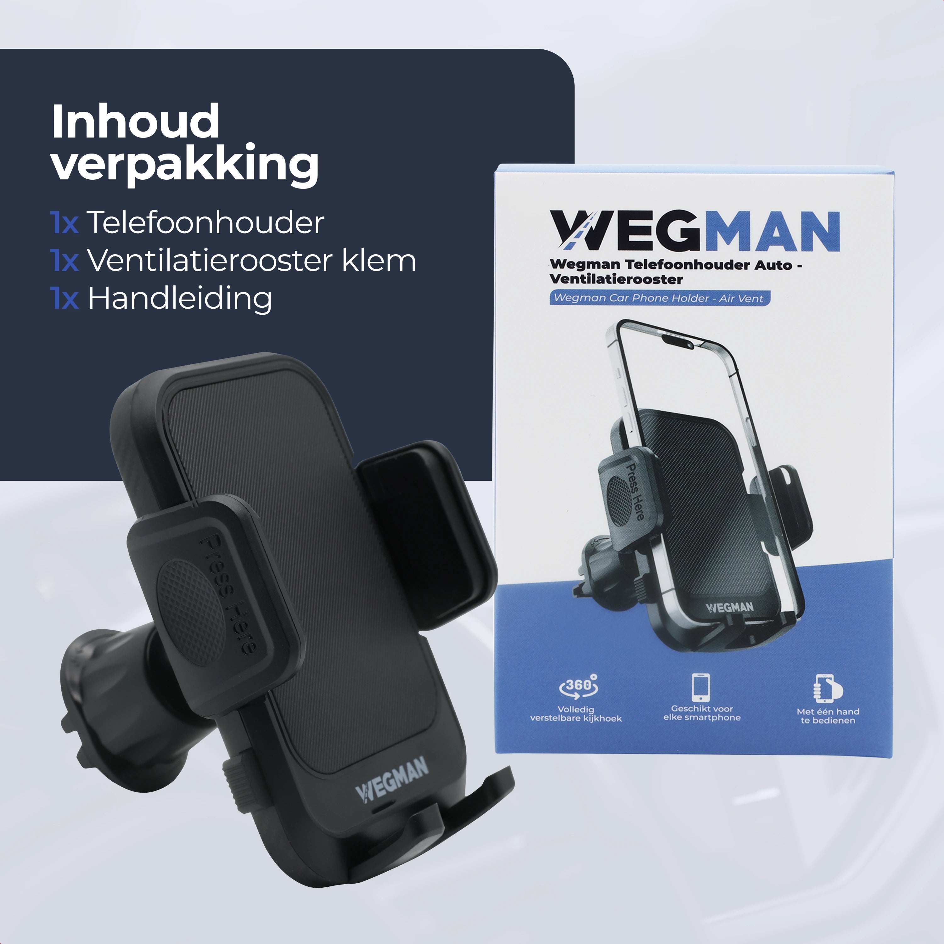 Verpakkingsinhoud Wegman telefoonhouder auto ventilatierooster: houder, klem en handleiding